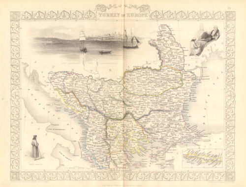 TACCHINO IN EUROPA. Vista Costantinopoli/Istanbul. Balcani. TALLIS/RAPKIN 1860 mappa - Foto 1 di 2