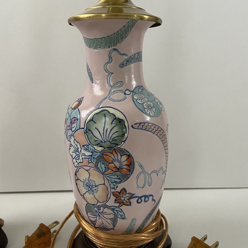 Oriental Table Lamps Set of 2 Pink Floral Vintage Painted Embossed *Tested - Picture 2 of 4