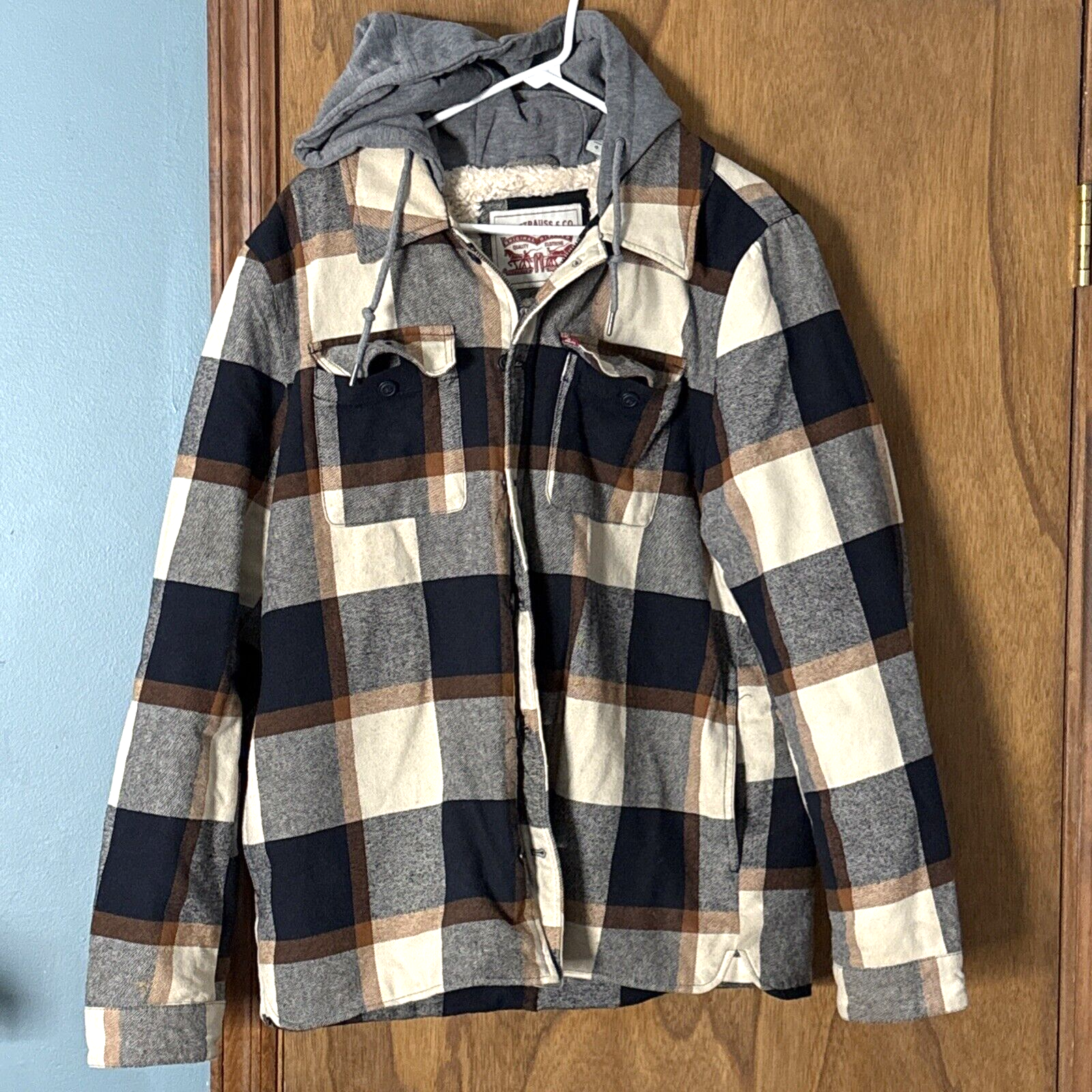 Levi Strauss Sherpa Lined Plaid Hoodie Jacket Brown Grey Heavyweight Men Large L