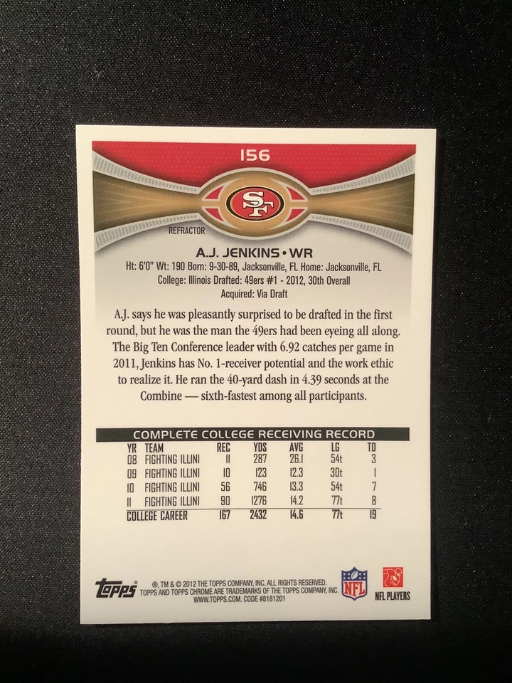 2012 Topps Chrome Retail X-Fractor AJ Jenkins #156 RC 49ers Illinois - Image 2 of 2