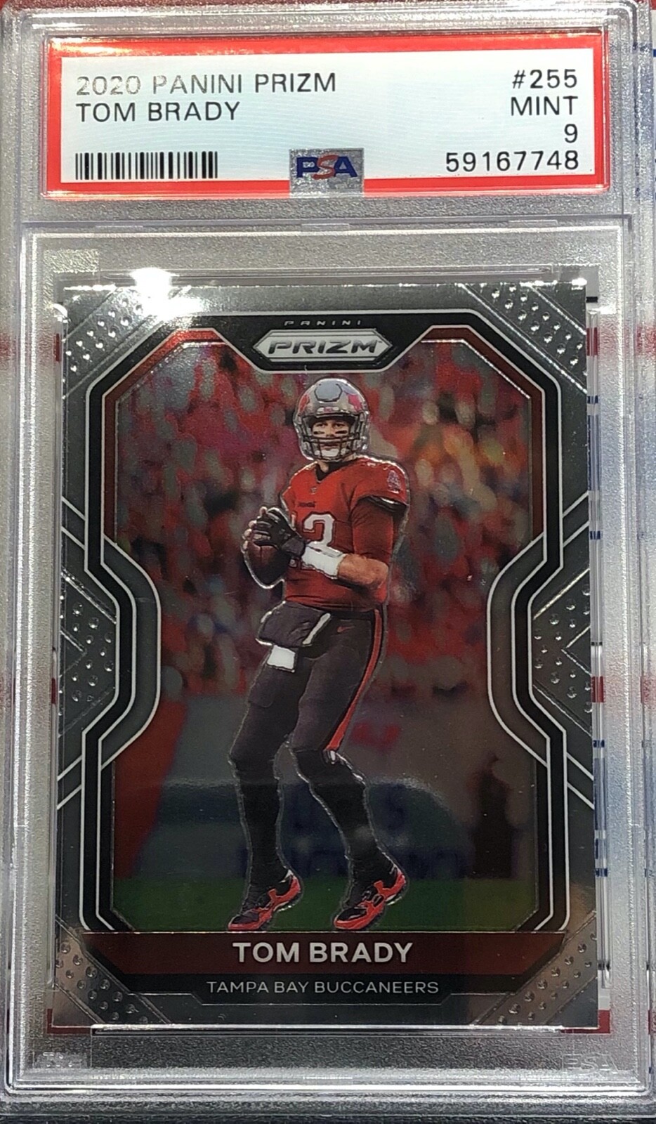 2020 PANINI PRIZM TOM BRADY, #255, SILVER BASE PRIZM, GRADED PSA MINT 9, GOAT