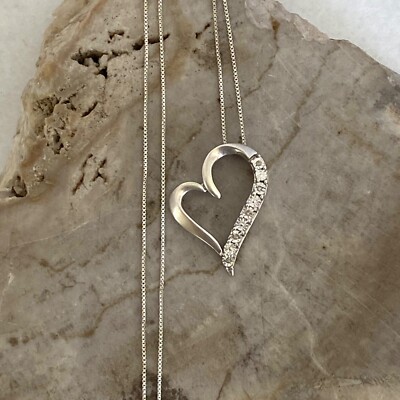 Sterling Silver 925 DJC 1'' Diamond Open Heart Pendant Necklace 18'' Box Chain