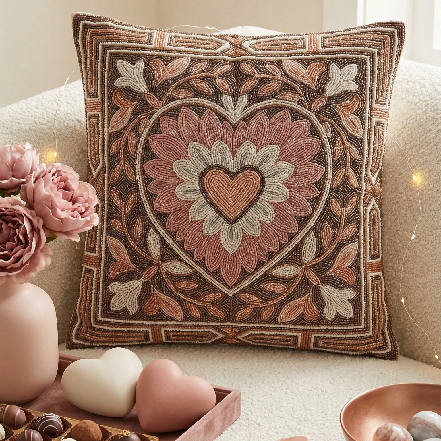 Hand-Beaded Floral Heart Decorative Throw Pillow Cover - Artisan Boho Cushion
Opens in a new window