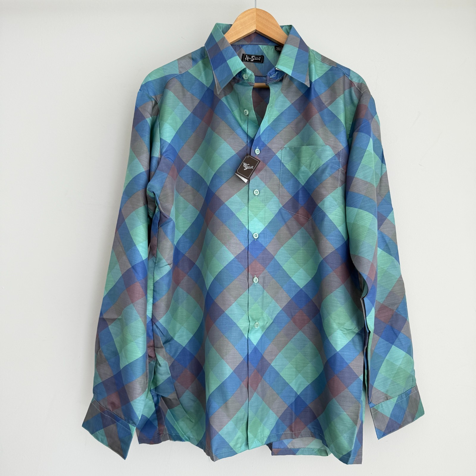 Camisa De Colección Alan Stuart Para Hombres XL Azul Abotonada Disco Psicodélica Mod Arte Pop