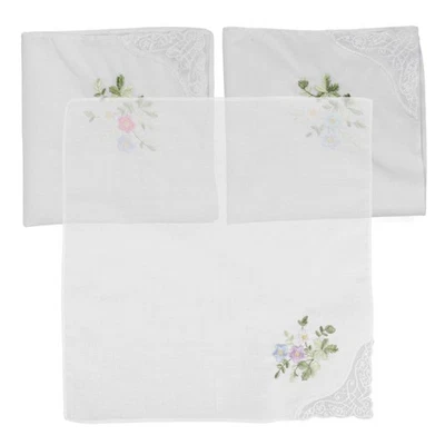 3 Pcs Mouchoir Coton Mouchoirs À Broderie Floral Femme Pour Dames - Photo 1/4