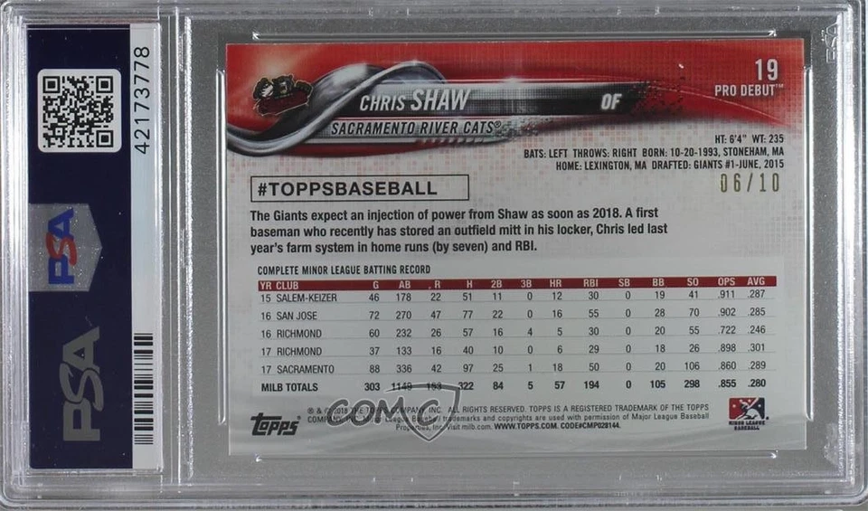 2018 Topps Pro Debut Red /10 Chris Shaw #19 PSA 9 MINT - Image 2 of 2