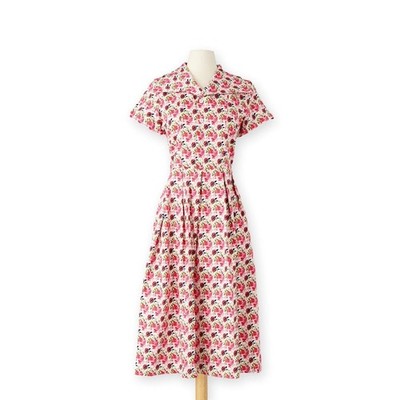 J Peterman Company Women's Floral Tea Dress Red Pink Rose Cotton Sateen Size 12