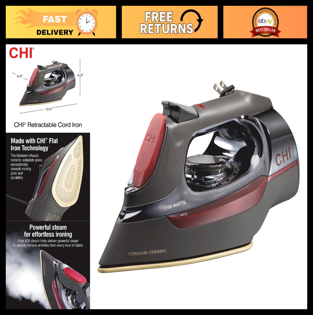 With 8' Retractable Cord, 1700w, Auto Shutoff, Temp Cont