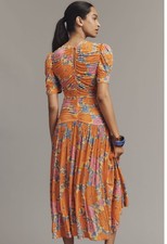 Farm Rio x Anthropologie Short-Sleeve V- Neck Ruched Midi Dress. MSRP $248.Sz M