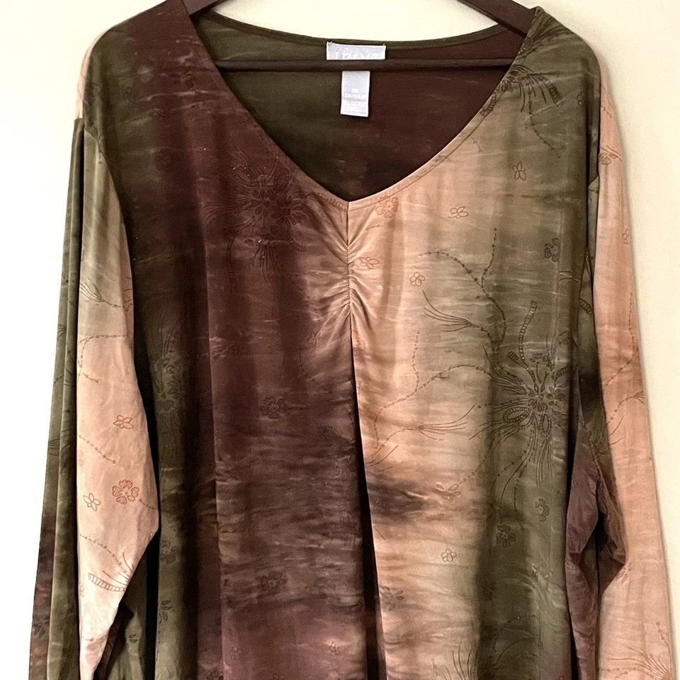 Liz & Me Top Blouse Sz 3X 26/28 Tie Dye Sparkly Boho Green Brown Fairy Goth Fall - Image 3 of 4