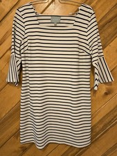 Skies Are Blue White striped flounce 3/4 sleeves tunic Knee Dress Size Large 