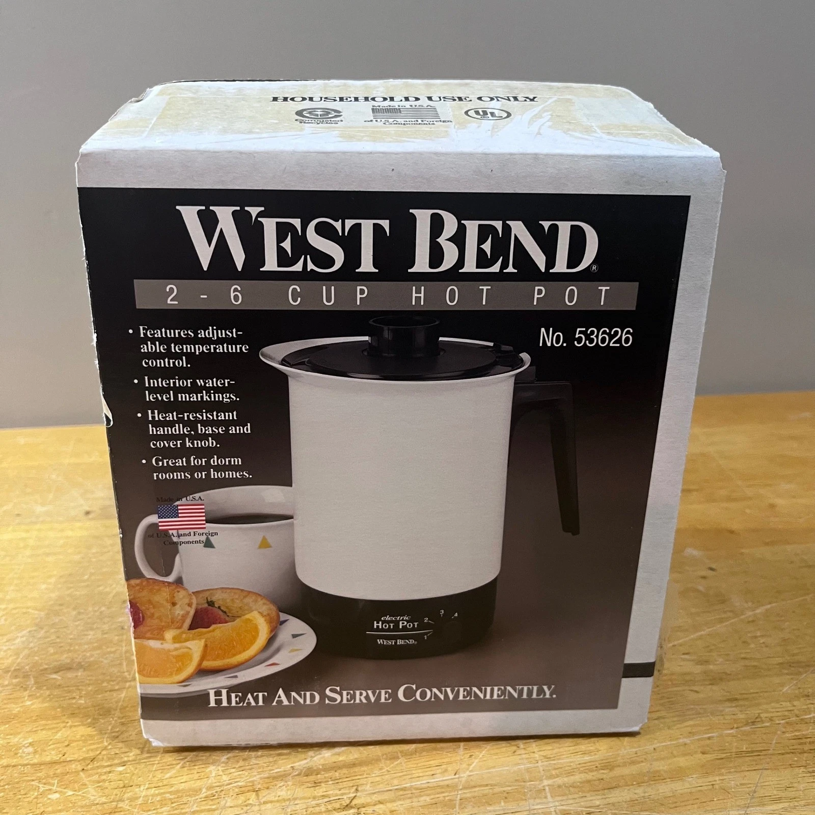 Vtg West Bend 2-6 Cup Electric Hot Pot 53626 White Black Retro Made in USA NOS