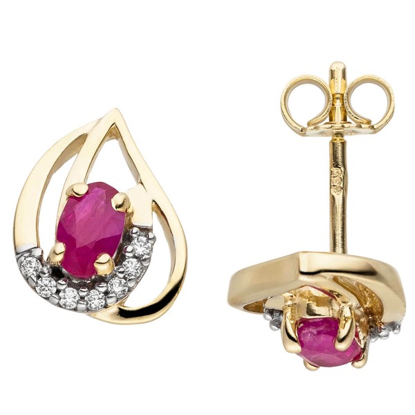 Ohrstecker Aus 333 Gold Gelbgold Mit Rubin Rot & 14 Zirkonia Ohrringe Ohrschmuck-image