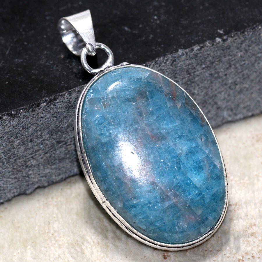 925 Silver Blue Apatite Ethnic Pendant Jewelry 1.7 Inch