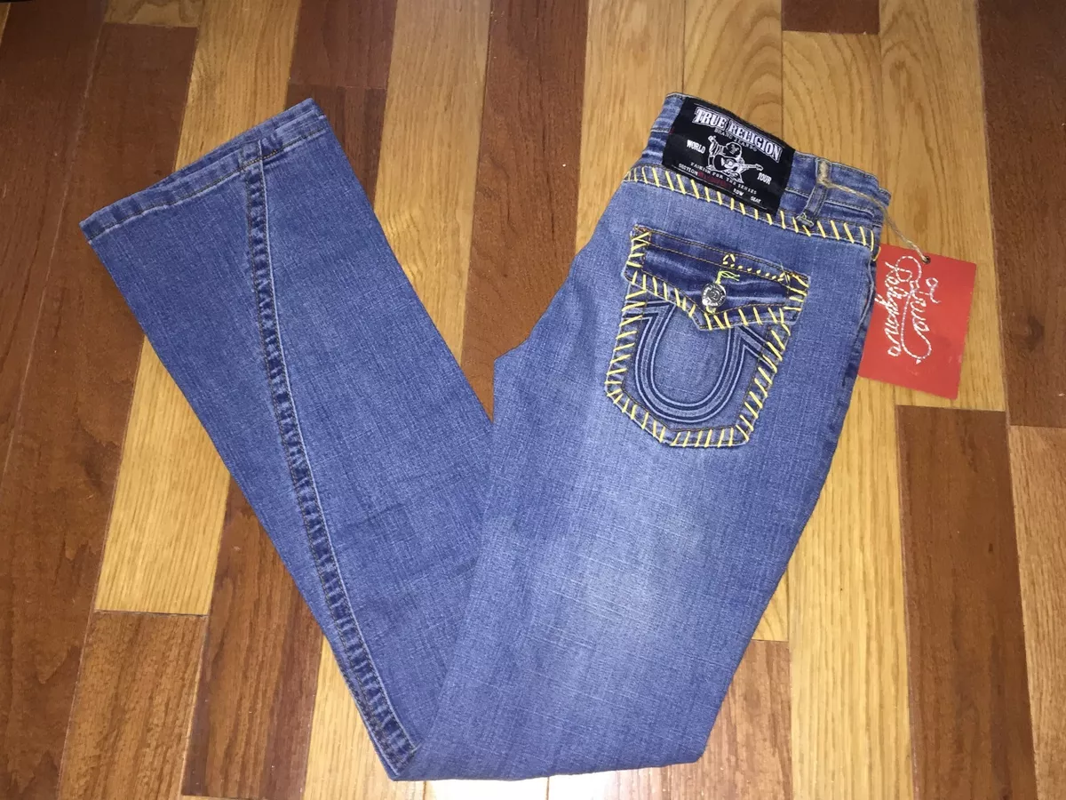 True Religion Billy Super T Light Wash Gold Stitched Straight Leg Jeans size 31