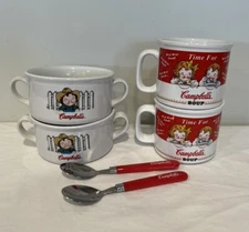 Lot Campbells Kids 2 Ceramic Soup Bowls & 2 Mugs & 2 Spoons Houston Harvest