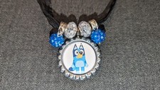 Black Ribbon Bottle Cap Bling Charm Sparkly Blue Beads Necklace Bluey Puppy Dog