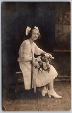 Postcard RPPC Young Woman White Dress Big Hair Bow Studio Photo R04