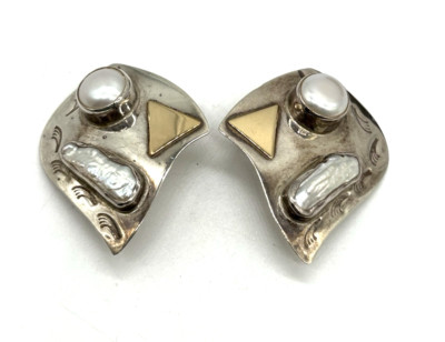 David Lee & Sassi LaMuth Pearls Sterling Silver 14k Gold Stamped Clip Earrings
