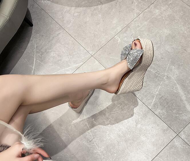 PANTOFOLA D’ORO Pantofole donna moda punta aperta diamante nodo con fiocco espadrillas zeppa tacchi alti