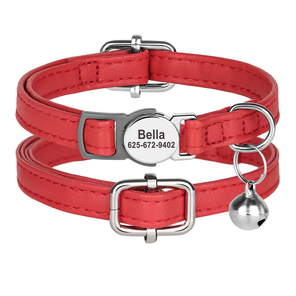 Collar de gato personalizado cachorro gatito grabado etiqueta de nombre cuero suave ajustable Foto 4 de 4