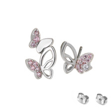 925 Sterling Silver Asymmetrical Butterfly Pink Cubic Zircon Stud Earrings TH6