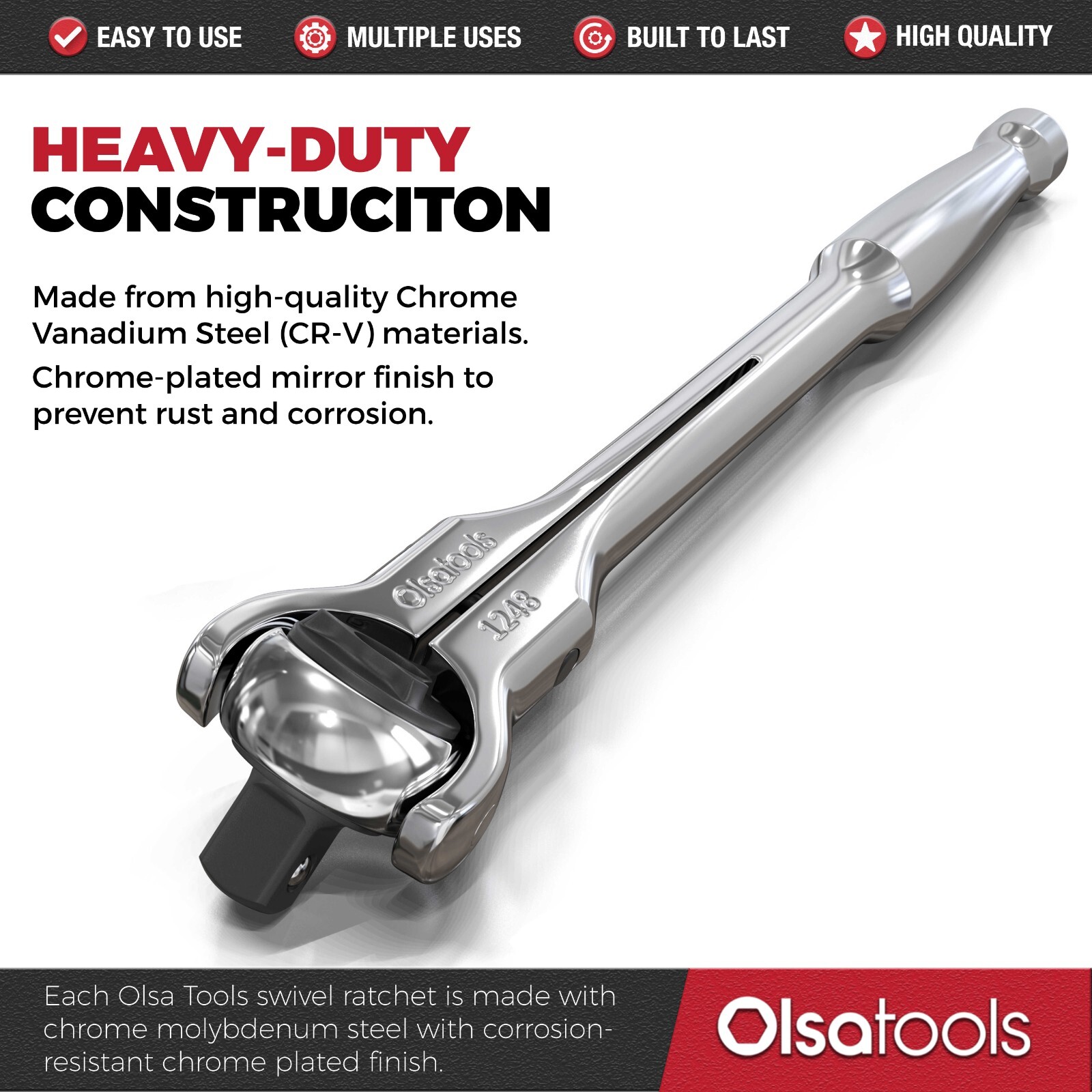 Olsa Tools Swivel Head Ratchet 1/2Inch Drive 90 Tooth Round Head