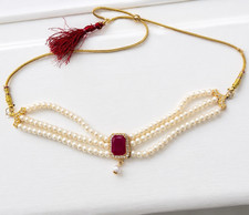 Pearl Beaded Necklace with Adjustable Red Rectangular Pendant Charm, Bezel