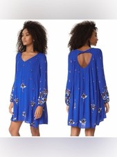 Free People Royal Blue Embroidered Cutout Back Boho Dress S NWT