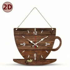 12 inch Coffee Cup Wooden Wall Clock Silent Hanging Wood Grain Home Decor