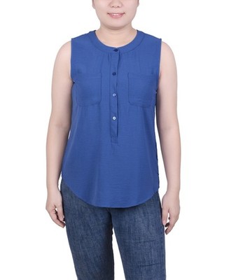 NY Collection Petite Sleeveless Air Flow Blouse PL True Navy Button Closure