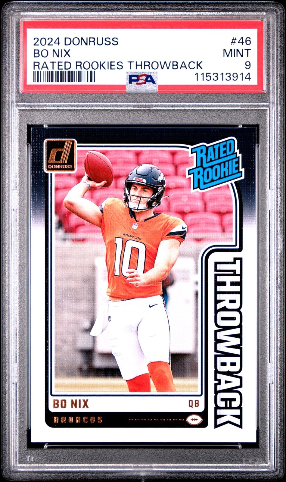2024 Panini Donruss Bo Nix RATED ROOKIES THROWBACK RR RC #46, PSA 9