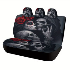Skull Beauty Rose Designed Print Car Back Seat Cover Set With Foaming