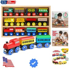 Wooden Train Set 12 PCS - Train Toys Magnetic Set Includes 3 Engines - Toy Tr...