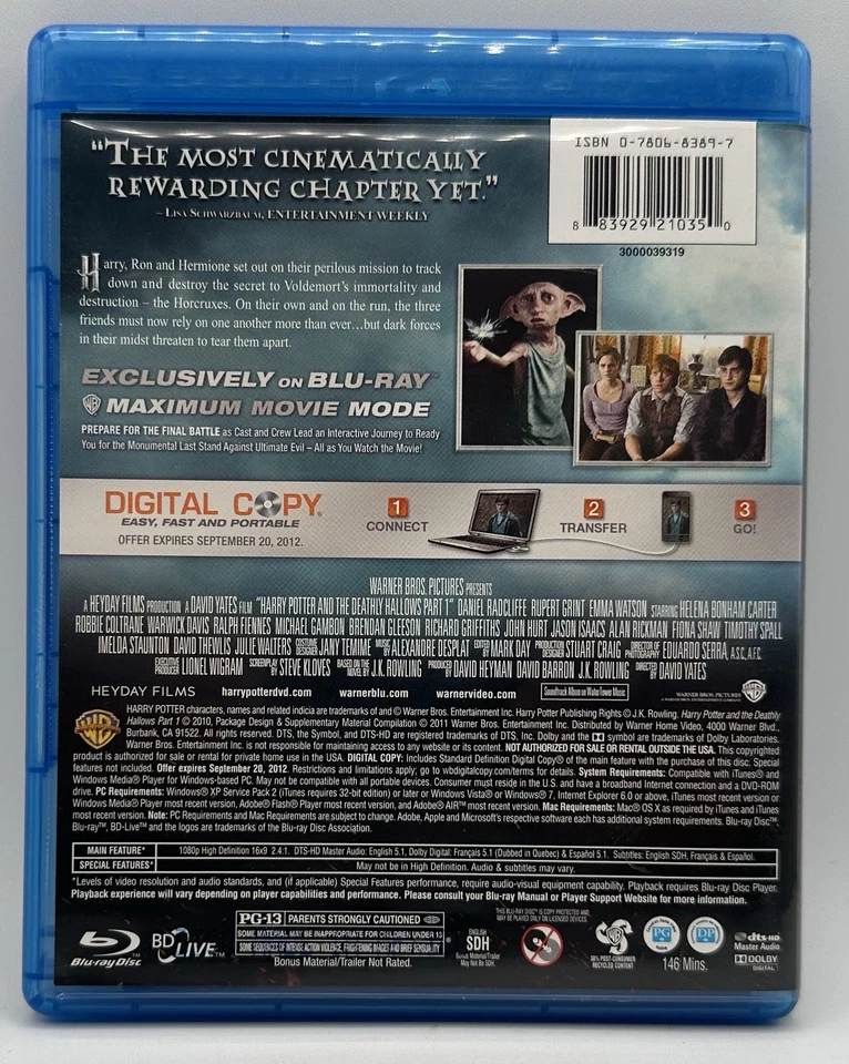 Harry Potter and the Deathly Hallows: Part I Blu-ray + DVD Daniel Radcliffe 2010 - Image 2 of 3
