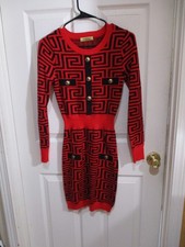 Vinizbena Italy Red Black Bodycon Skinny Sweater Dress Cotton/Viscose XS-S