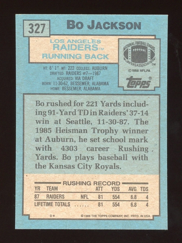 Juego completo de fútbol americano Topps 1988 abierto de fábrica (396 tarjetas) BO JACKSON RC Foto 3 de 4
