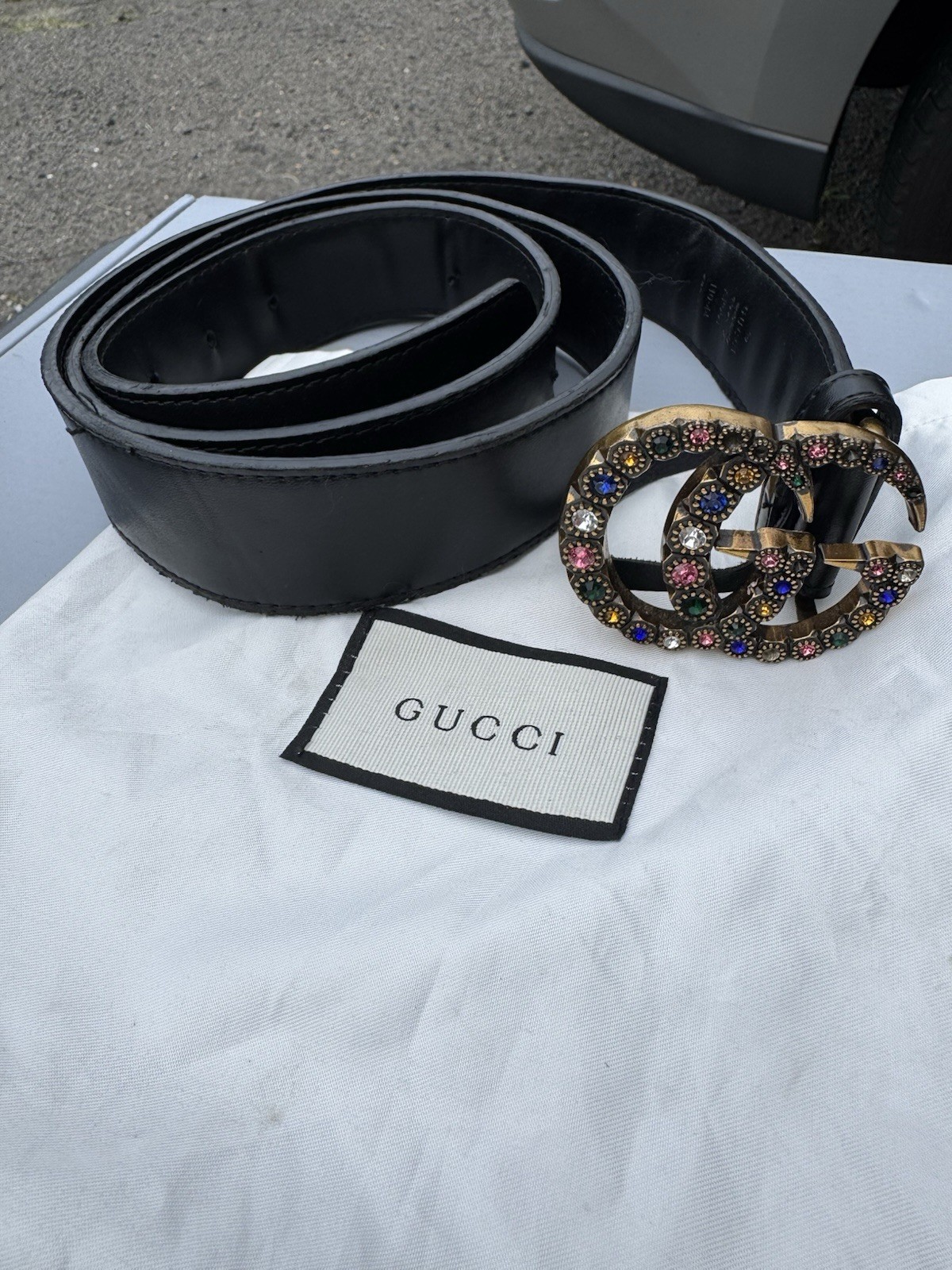 Gucci Black Womens Belt with Color Stone GG Buckle Size 51 Inch-image