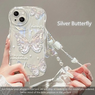 Schöne cremefarbene Handyhülle für iPhone Samsung + Schmetterling Kette Cover heiße Frauen Mädchen