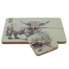 Highland Cow Placemats & Coasters Set, 8pc Sage Green Cork Backed Mats