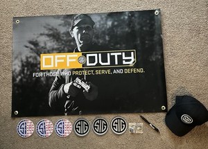 SIG Sauer Vinyl Banner 36 X 24. 6 Stickers, 2 Pins, Pen and Hat!!
