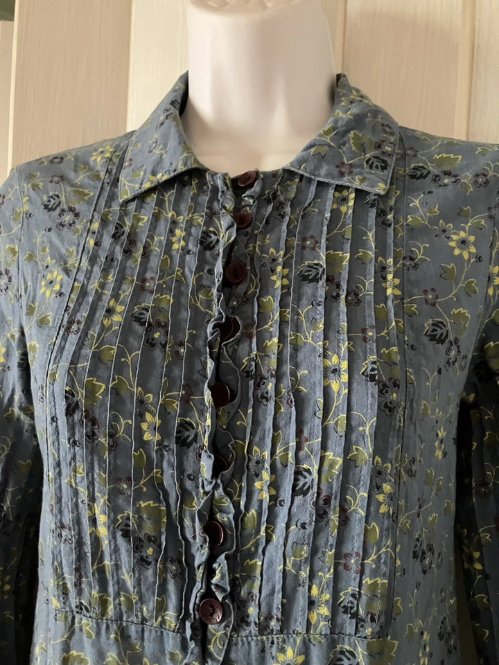 Vestido bohemio vintage Free People para mujer azul floral pintuck manga larga Foto 2 de 4