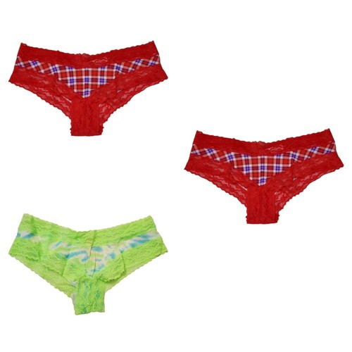 (3) Victoria's Secret Cheeky Panties Size Small Cotton & Lace Red Plaid & Green