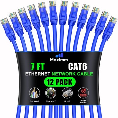 Cat 6 Ethernet Cable 7 ft 12 Pack High Speed LAN Internet Patch Network Blue