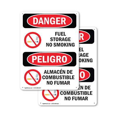 (2 Pack) Fuel Storage No Smoking Bilingual OSHA Danger Sign Decal Metal ...