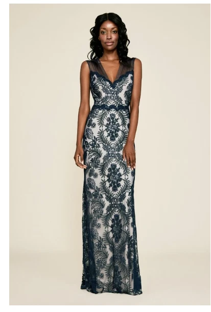 TADASHI SHOJI EMBROIDERED TULLE V NECK LACE EVENING NAVY GOWN