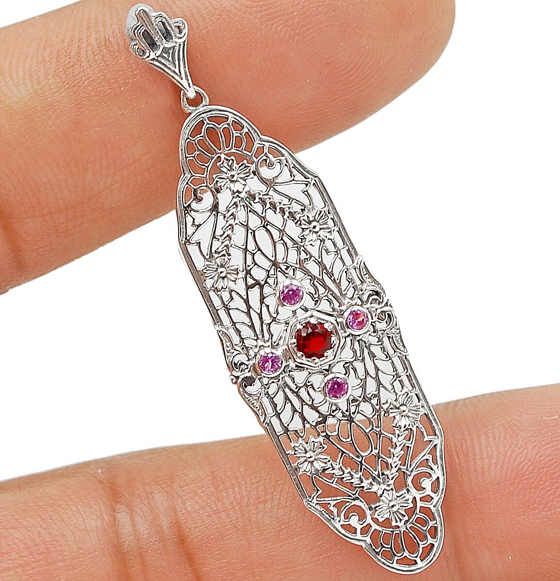 Fire Garnet & Sapphire 925 Sterling Silver Victorian Style Pendant AB1177