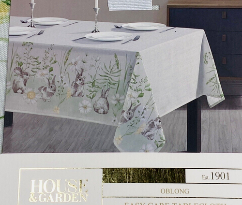 House & Garden Bunny Rabbits Easter Green Tablecloth 60x 84