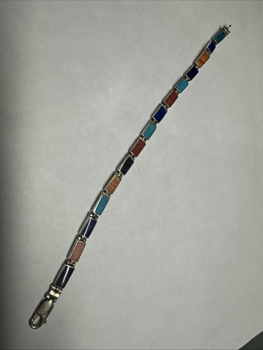 Vintage Sterling Silver 925 Bracelet Multi Gemstone Inlay Bar Link - Picture 4 of 5