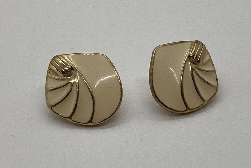 Vintage Trifari Signed Pierced Earrings - Gold Tone And Cream White - Art Deco